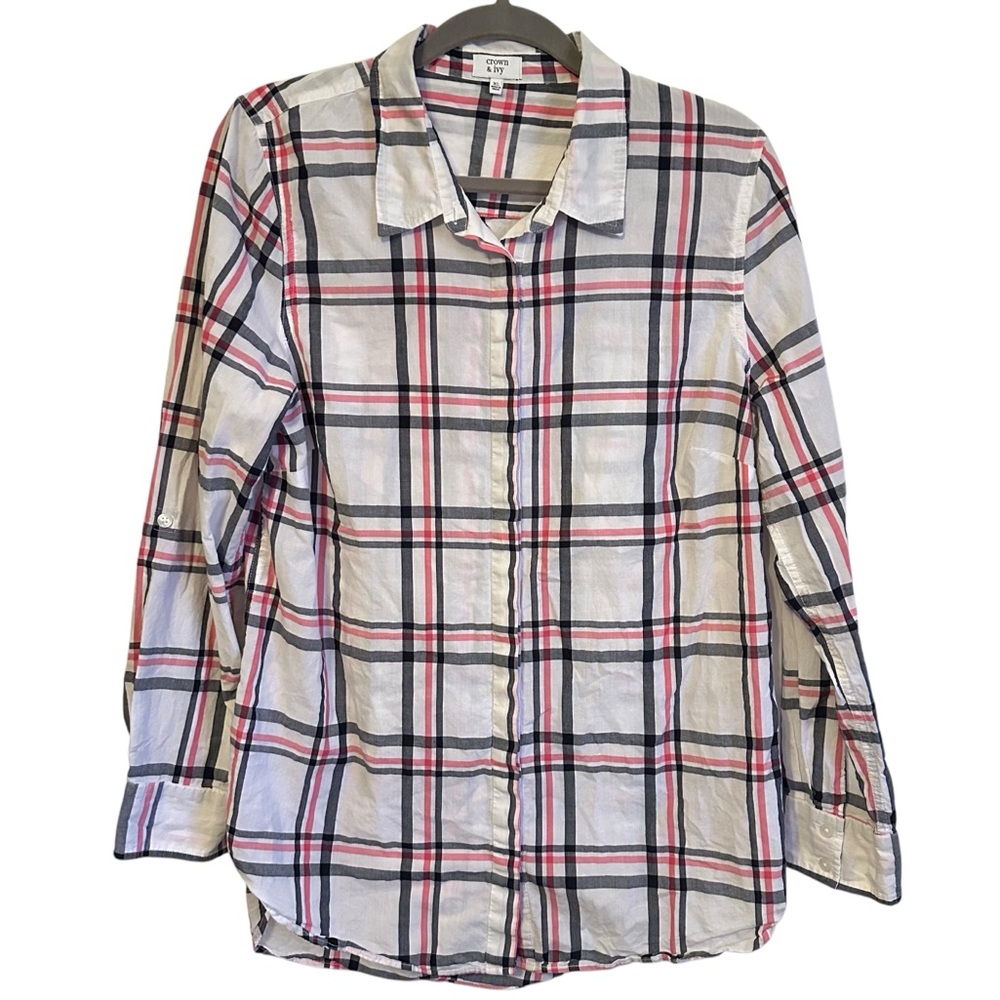 Crown & Ivy Thin Lizzy White Plaid Button Down Long Sleeve XL Gray White XL